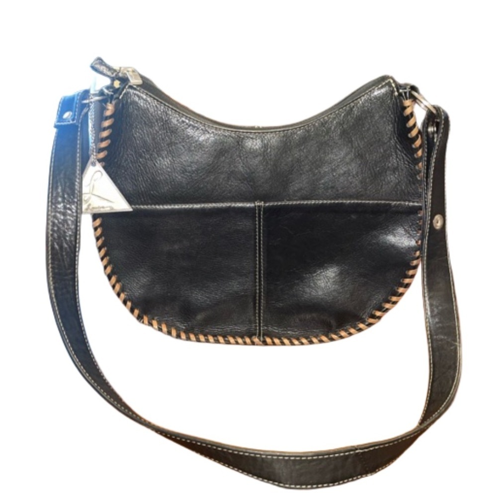 Vintage Lavive black saddlebag stitched w/brown leather silver hardware B5
